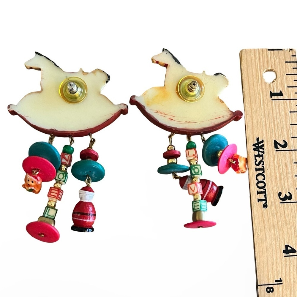 Vintage Christmas Holiday Rocking Horse With Charms Earrings - Picture 3 of 3
